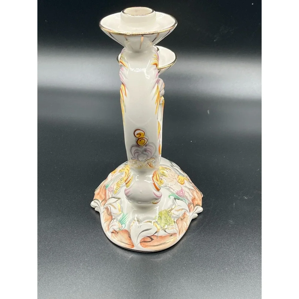 Vintage Alcobaca Portugal Capodimonte Double Candle Holder Hand Painted Stamped‎